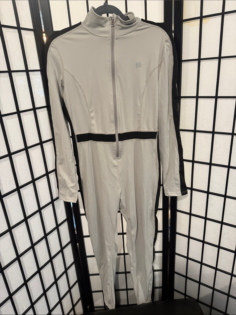 Women's Light Gray Long-Sleeve Jumpsuit with Black Trim